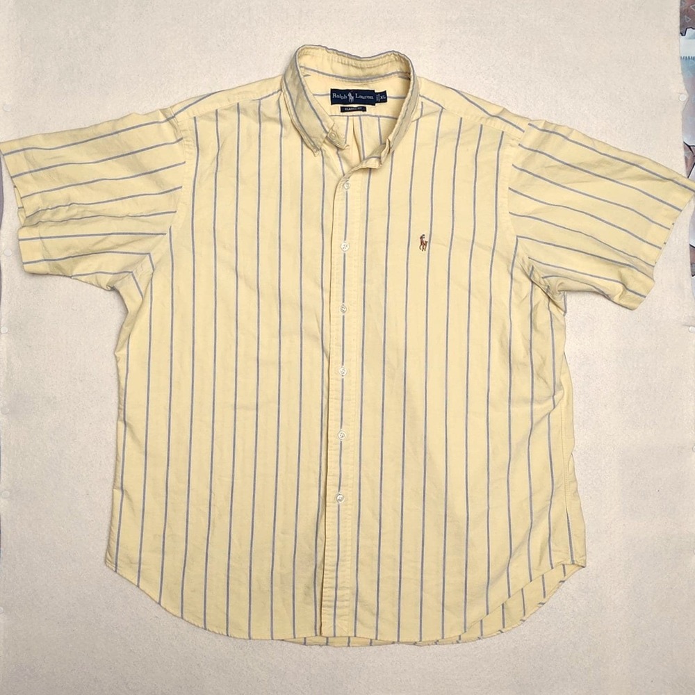 Vintage Ralph Lauren Shirt XL Yellow Blue Striped Short Sleeve Pony Classic Fit